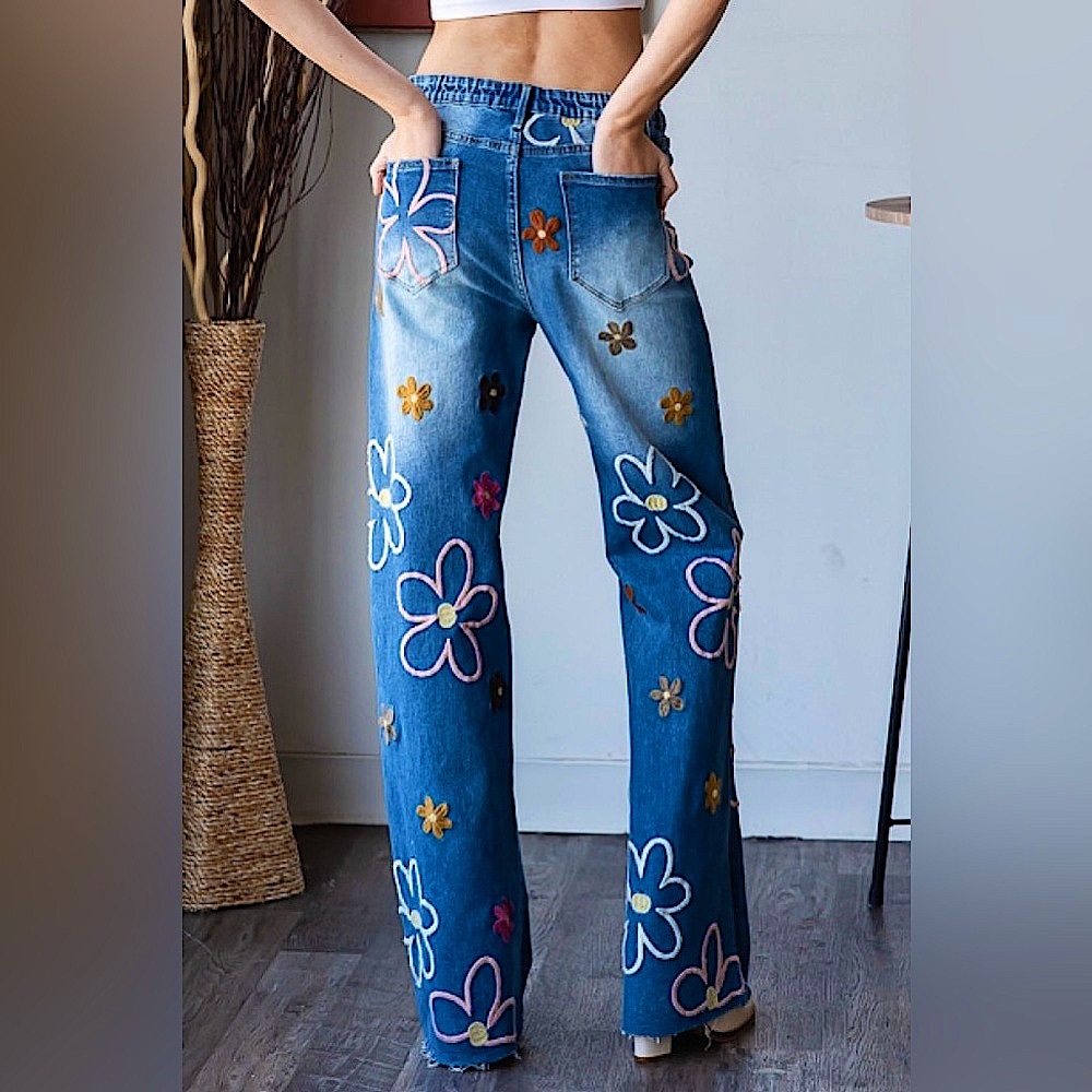 Oli & Hali 70s Retro Hippie Floral Embroidered Straight Wide Leg Jeans - Picture 9 of 12